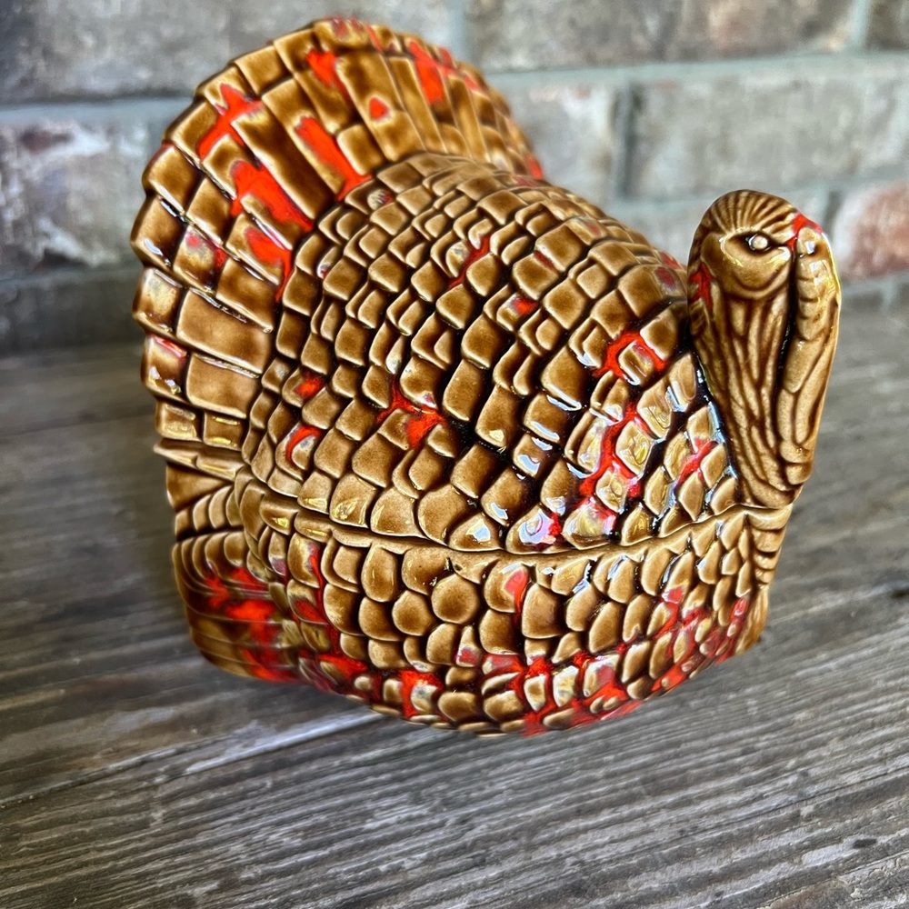 Decorative Brown and Red Ceramic Turkey Figurine candy dish Thanksgiving